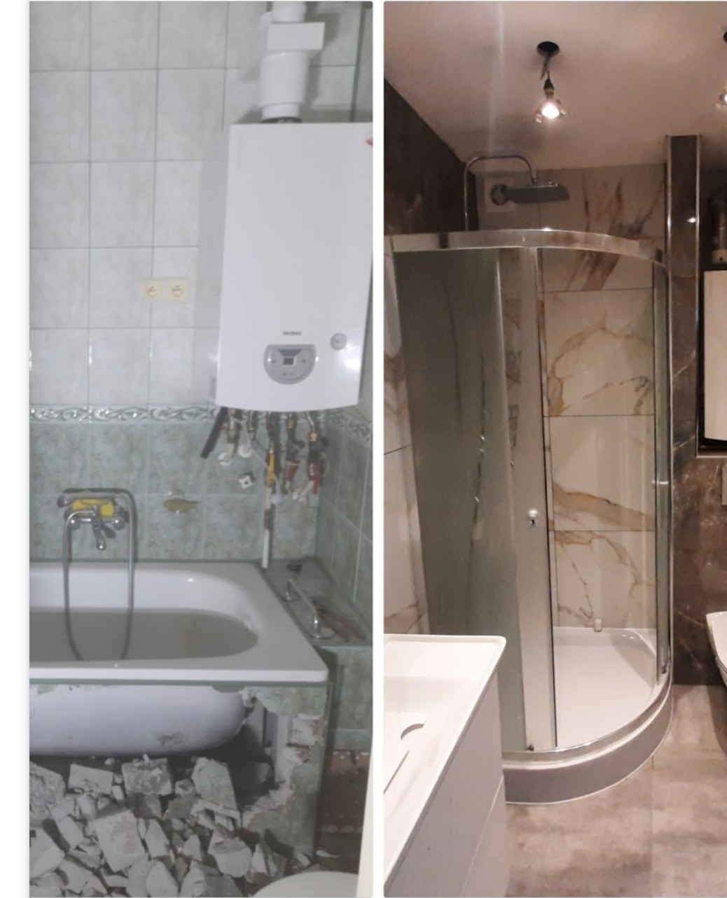 Zdjęcie przedstawia metamorfozę łazienki: po lewej stronie widoczna wanna z obitymi płytkami i wystającymi rurami, po prawej nowa kabina prysznicowa z marmurkowymi płytkami i nowoczesnym oświetleniem.