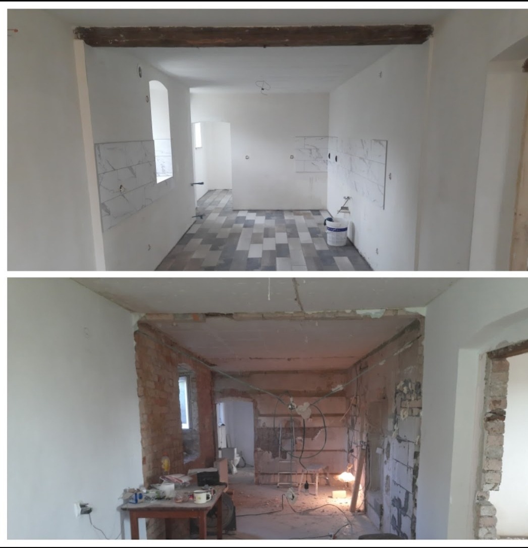 Dwa ujęcia tego samego pomieszczenia: górne po częściowym remoncie z ułożonymi panelami i fragmentem glazury, dolne w trakcie prac remontowych z odsłoniętą cegłą i instalacjami.
