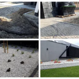 Czteropanelowe ujęcie prezentujące różne etapy zagospodarowania terenu: wykop pod obrzeża, ułożona kostka brukowa, rabata z białym grysem i nasadzeniami, oraz trawnik z obrzeżem z kostki brukowej.