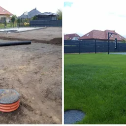 Porównanie stanu trawnika przed i po założeniu trawy z rolki: po lewej przygotowany teren z rurą drenażową i studzienką, po prawej gęsta, zielona trawa z rolki, widoczne elementy siłowni zewnętrznej.