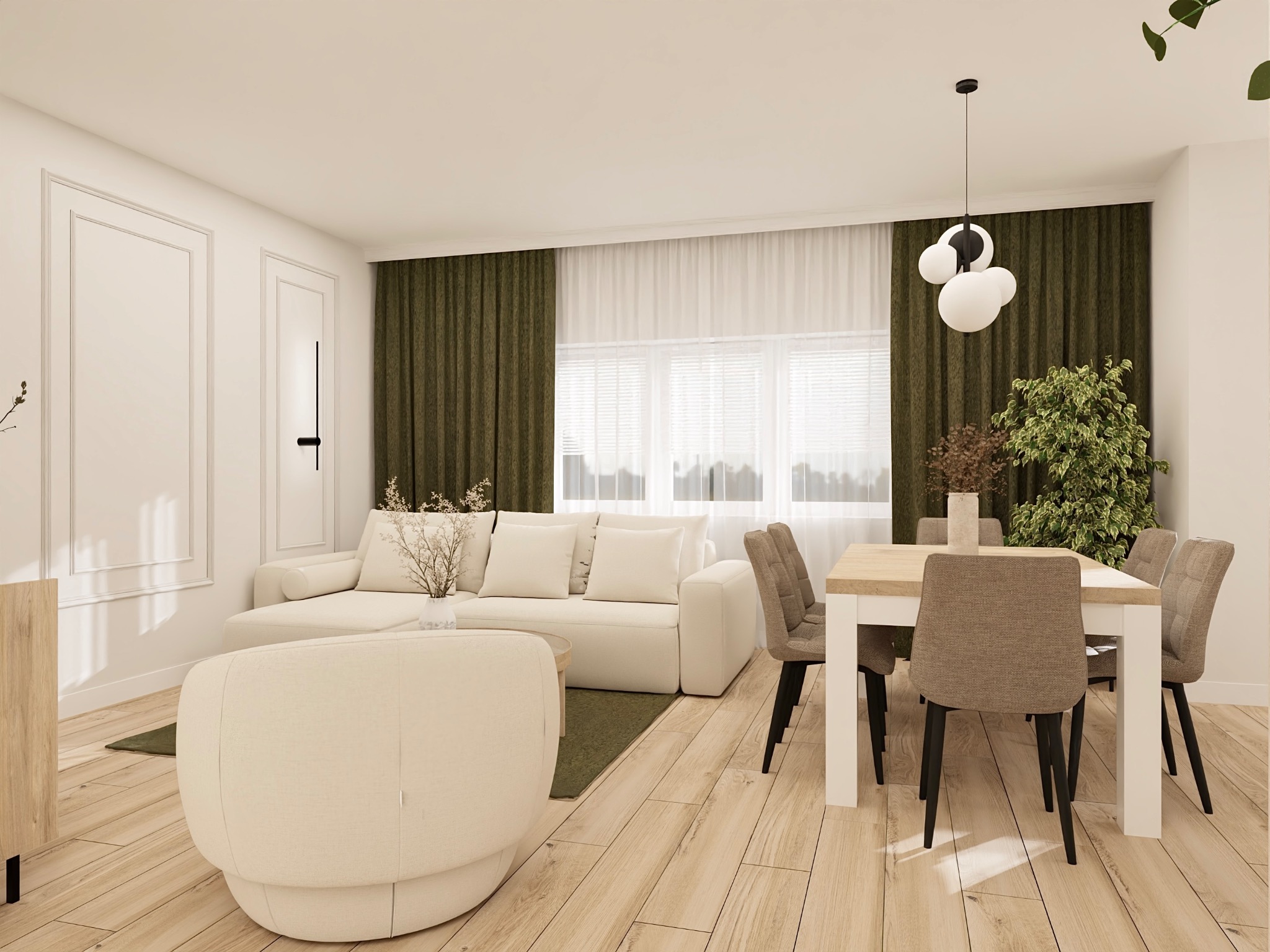 Jasne wnętrze z sofą, fotelem i stołem jadalnym. Minimalistyczny design z drewnianą podłogą i zielonymi akcentami. Nowoczesna lampa wisząca.
