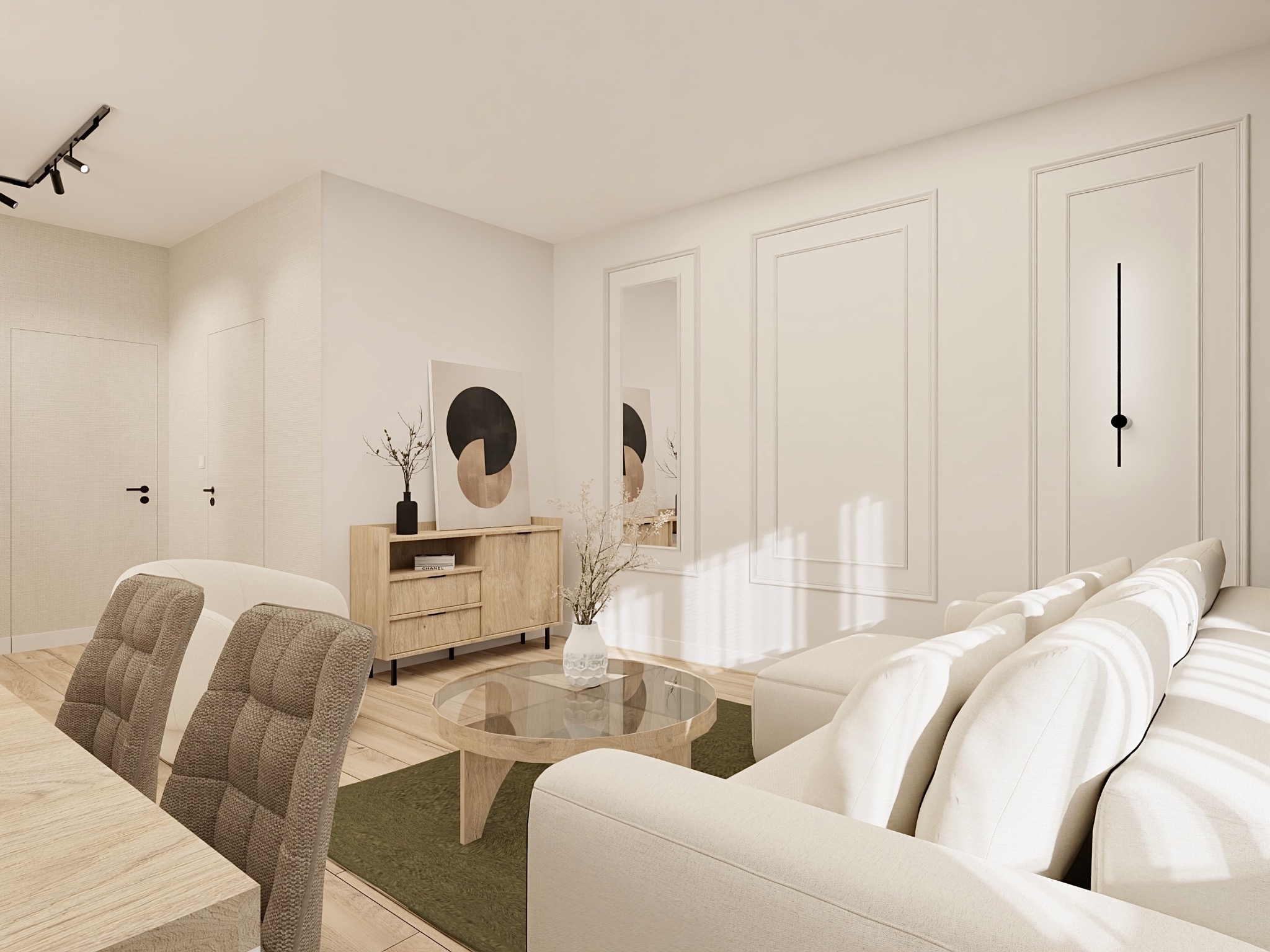 Jasne wnętrze salonu z beżową sofą, drewnianą komodą i okrągłym stolikiem kawowym. Minimalistyczny design z dekoracyjnymi listwami na ścianach i nowoczesnym oświetleniem.