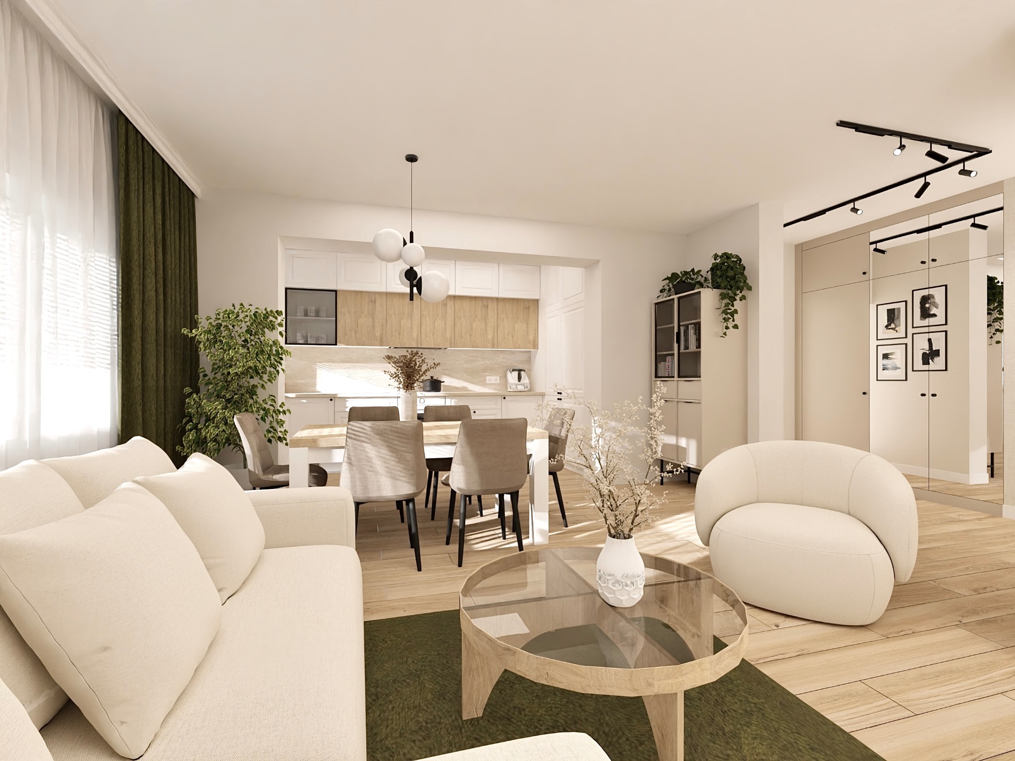 Jasne wnętrze z sofą, okrągłym stolikiem kawowym i jadalnią w tle. Minimalistyczny design, drewniana podłoga i akcenty roślinne tworzą przytulną atmosferę.