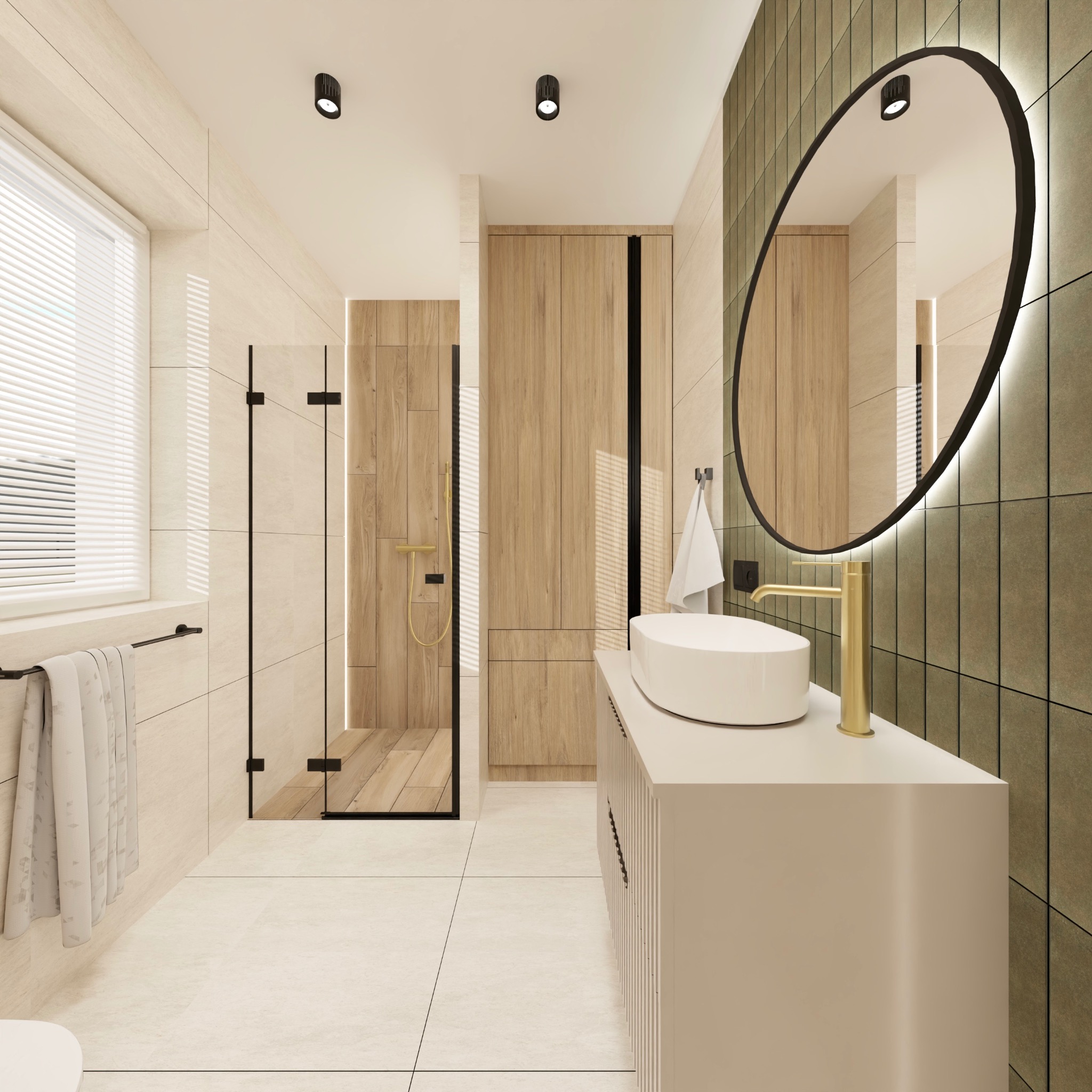 Nowoczesna łazienka z kabiną prysznicową, umywalką na szafce i okrągłym lustrem z podświetleniem LED. Użyto płytek w odcieniach beżu i zieleni.