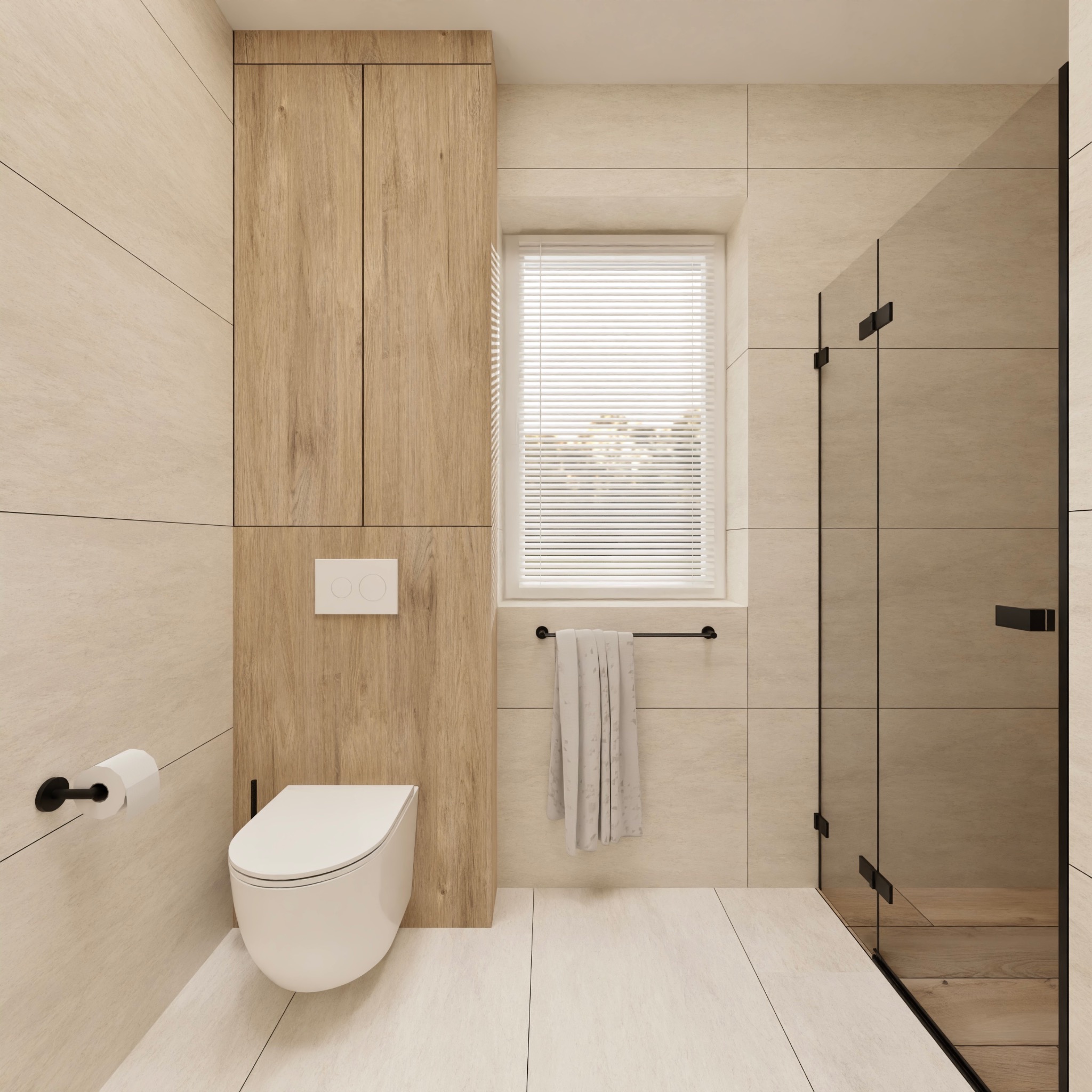Nowoczesna łazienka z beżowymi płytkami, drewnianą zabudową toalety i kabiną prysznicową z czarnymi okuciami. Minimalistyczny design, jasne wnętrze.