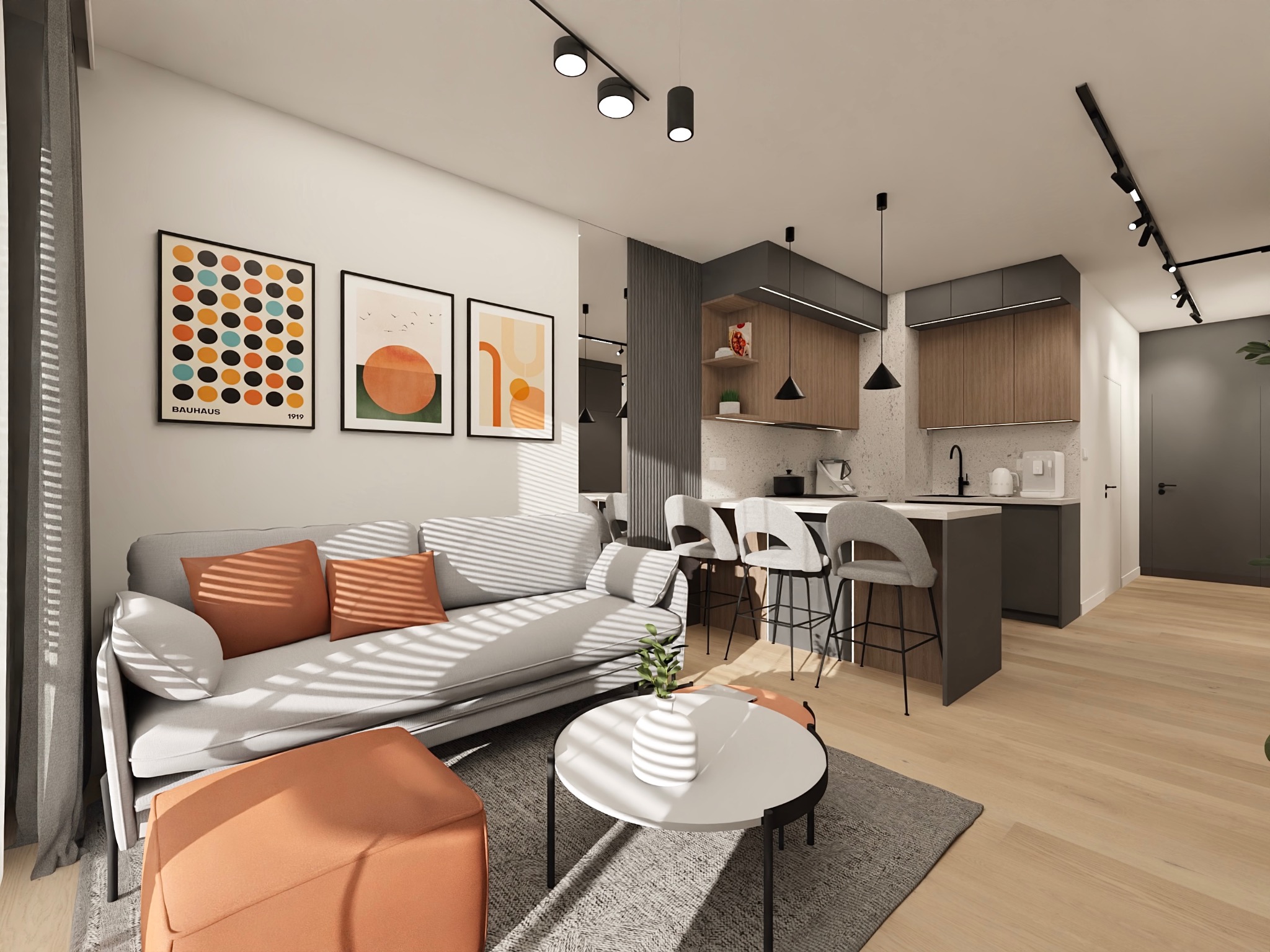 Jasne wnętrze mieszkania z sofą, stolikiem kawowym i otwartą kuchnią. Minimalistyczny design z akcentami kolorystycznymi i nowoczesnym oświetleniem.