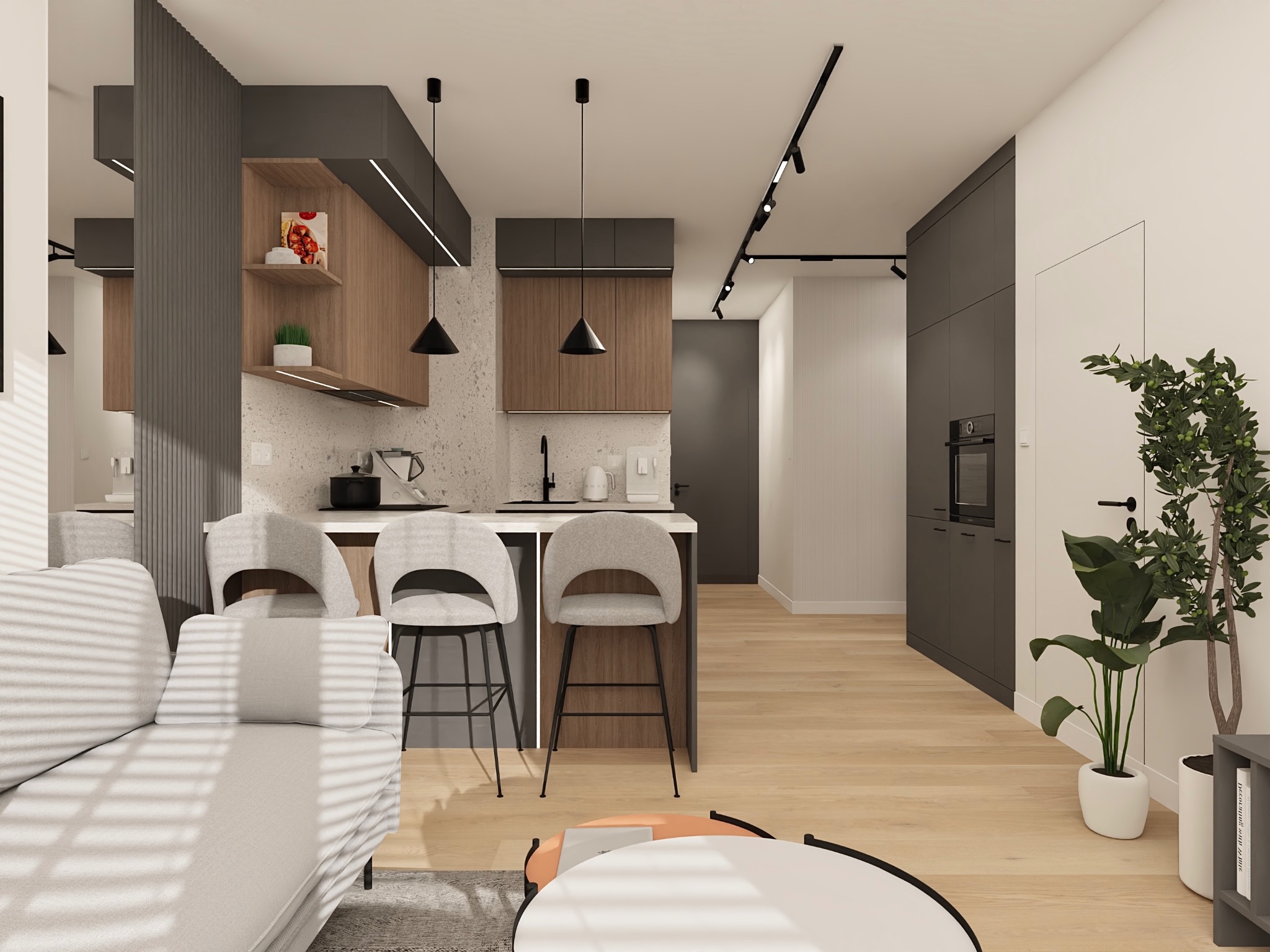 Nowoczesna aranżacja wnętrza: minimalistyczna kuchnia z barkiem i szarymi hokerami, jasny salon z sofą w paski i drewniana podłoga. Oświetlenie punktowe.