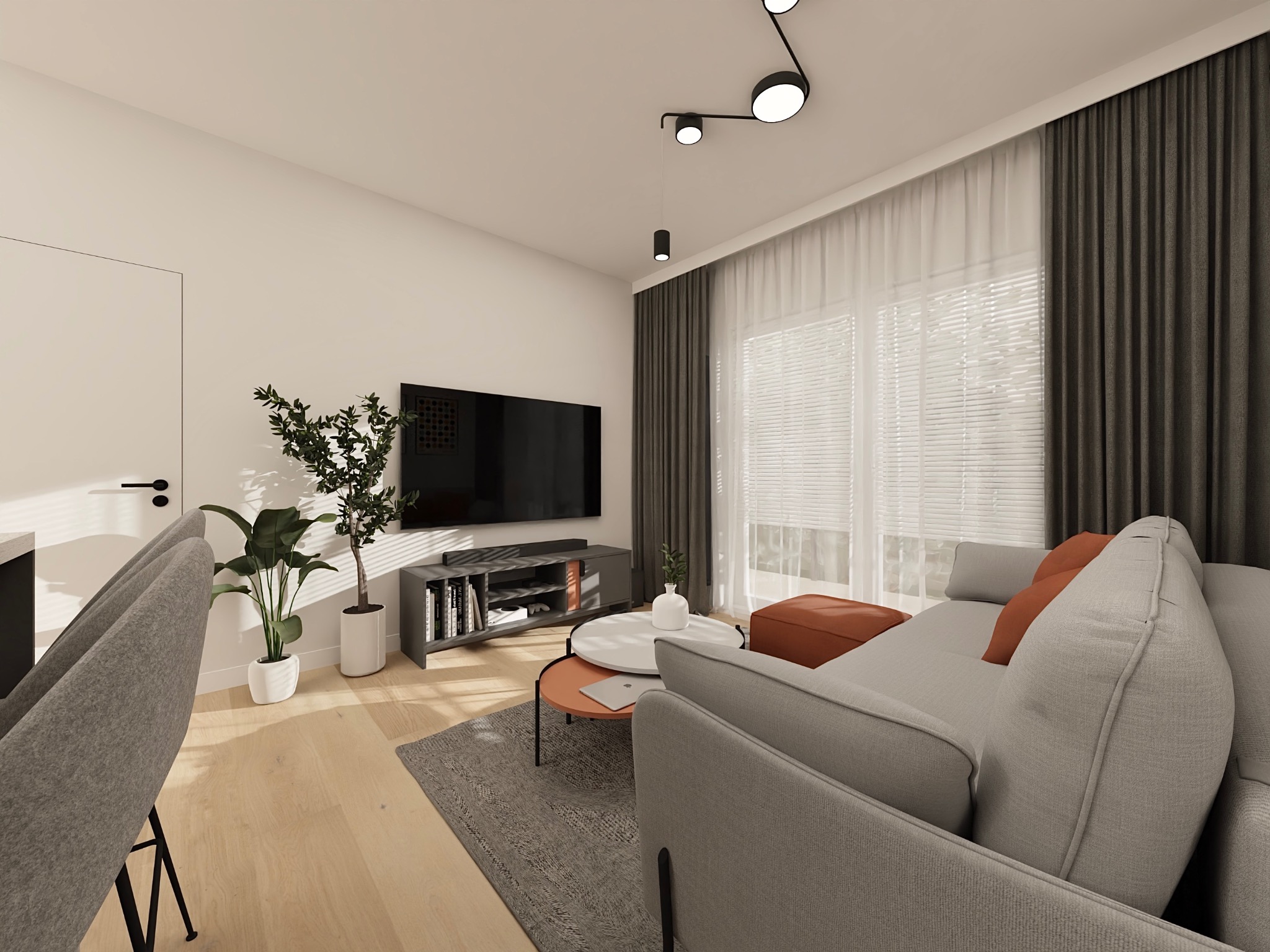 Wizualizacja salonu z szarą sofą, okrągłymi stolikami kawowymi i telewizorem na szafce RTV. Jasne drewniane podłogi i rośliny doniczkowe dodają wnętrzu przytulności.