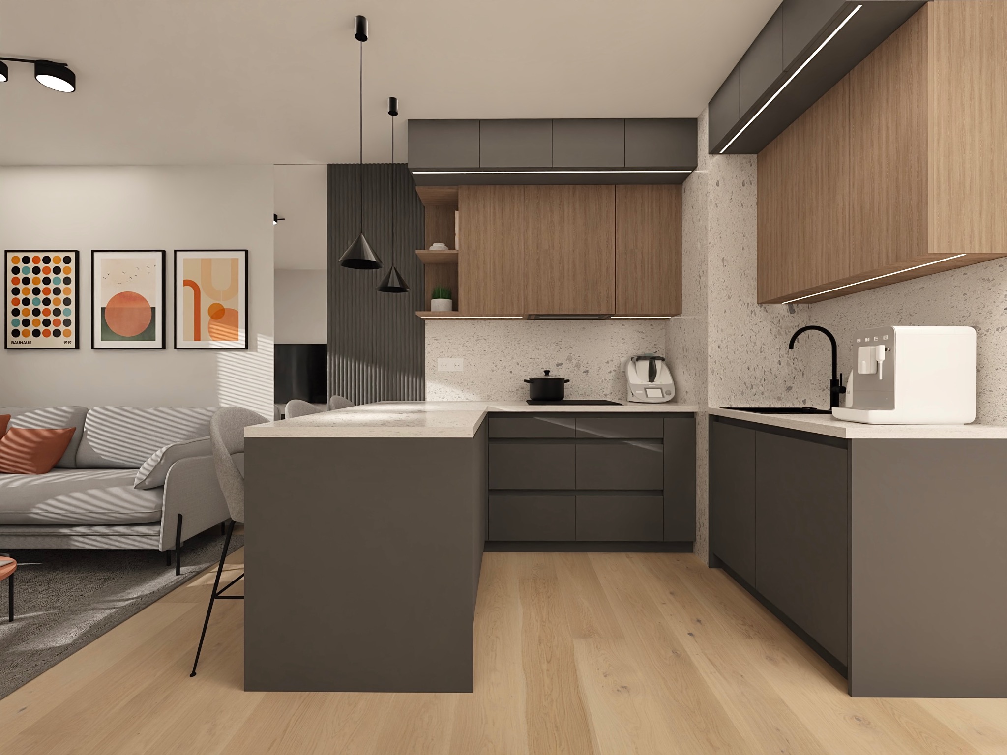 Nowoczesna kuchnia z wyspą, drewnianymi szafkami i szarymi frontami. W tle salon z sofą i abstrakcyjnymi obrazami. Minimalistyczne oświetlenie.