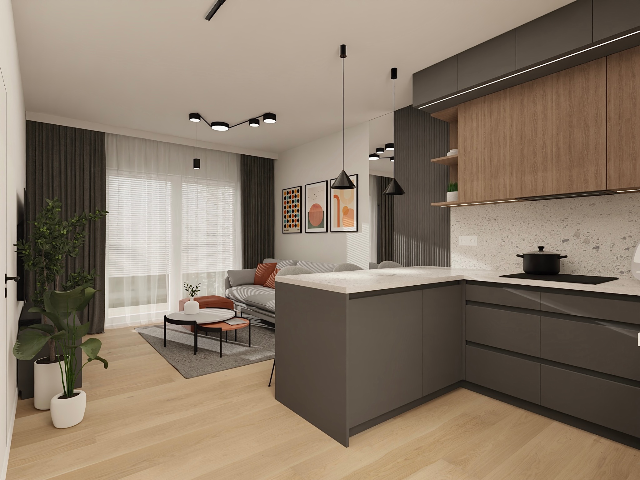 Nowoczesne wnętrze: szara kuchnia z drewnianymi szafkami, wyspa, salon z sofą i stolikami kawowymi, oświetlenie punktowe i dekoracyjne obrazy na ścianie.