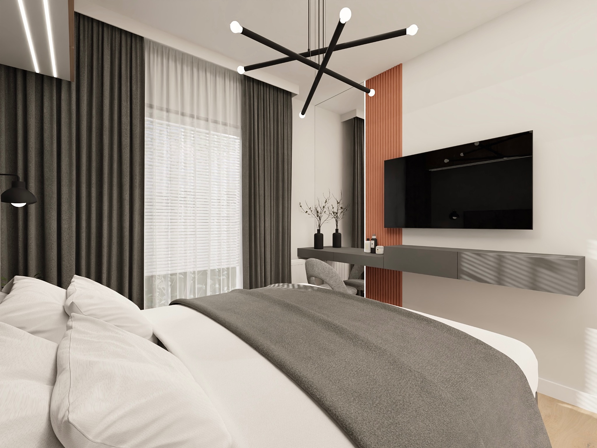 Nowoczesna sypialnia z łóżkiem, telewizorem na ścianie i designerską lampą sufitową. Stonowana kolorystyka z akcentami brązu. Minimalistyczny wystrój wnętrza.
