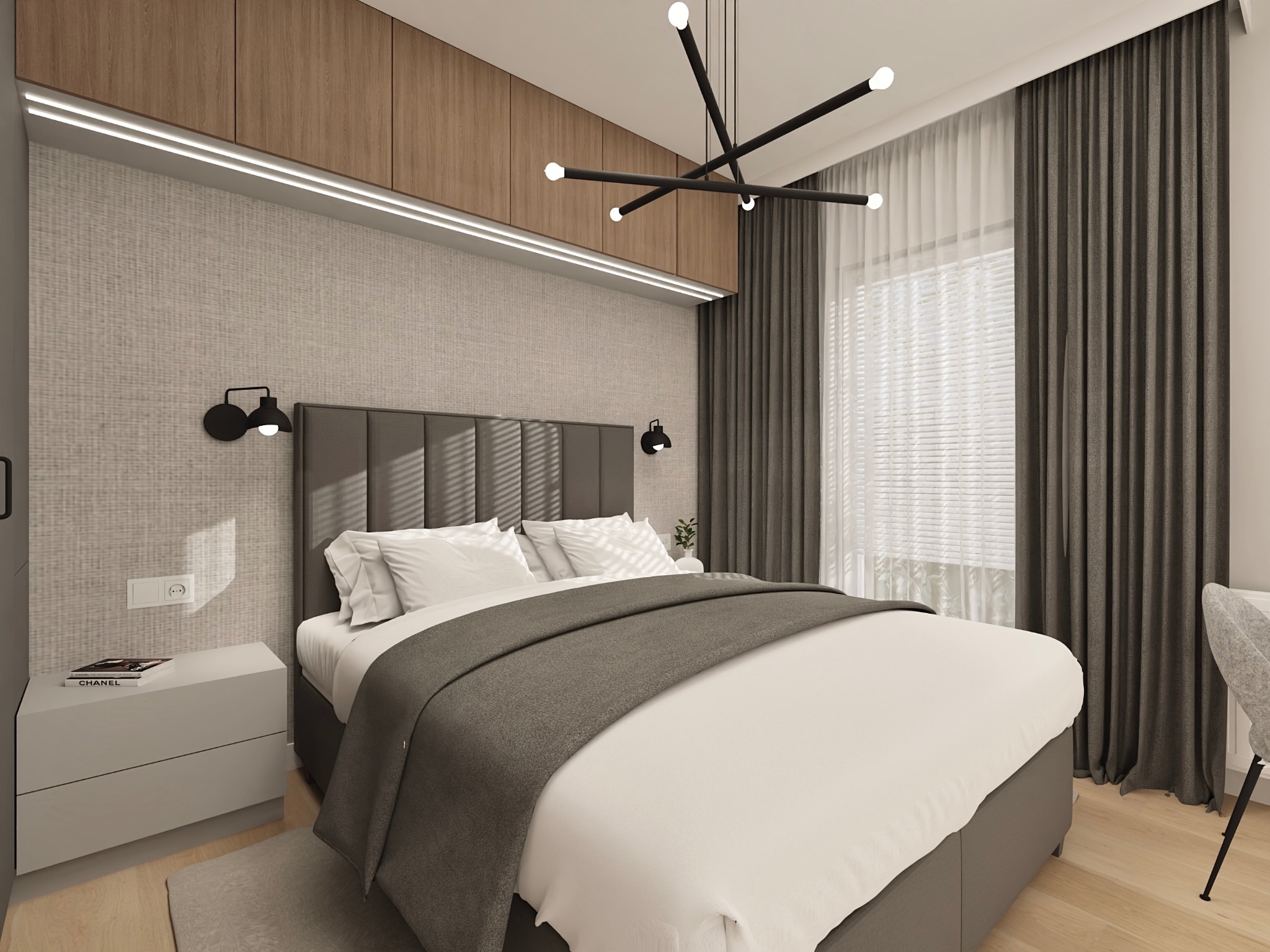 Nowoczesna sypialnia z łóżkiem, szafką nocną z książką Chanel, lampami ściennymi i designerską lampą sufitową. Stonowana kolorystyka, drewniane akcenty.