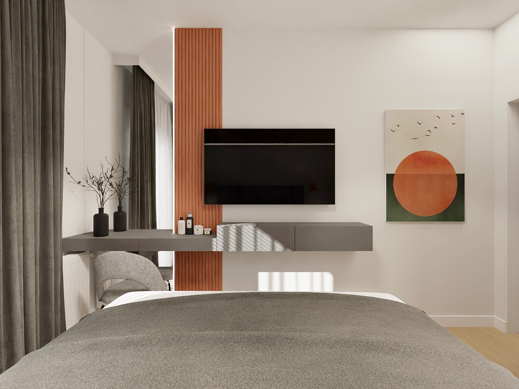 Nowoczesna sypialnia z szarą tapetą, minimalistycznym biurkiem i telewizorem na ścianie. Pomarańczowy panel dekoracyjny i abstrakcyjny obraz dodają koloru.