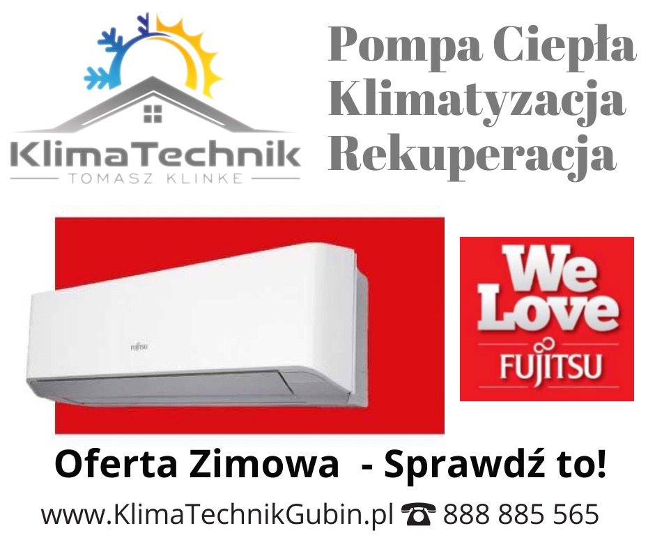 Grafika reklamowa z białym klimatyzatorem Fujitsu na czerwonym tle, logo firmy KlimaTechnik, hasło 'Oferta Zimowa - Sprawdź to!' oraz dane kontaktowe.