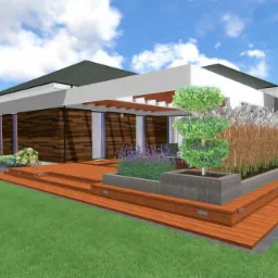 Wizualizacja ogrodu przy nowoczesnym domu z drewnianym tarasem schodkowym, ozdobnymi trawami, kulistym drzewkiem w donicy i rabatami kwiatowymi.