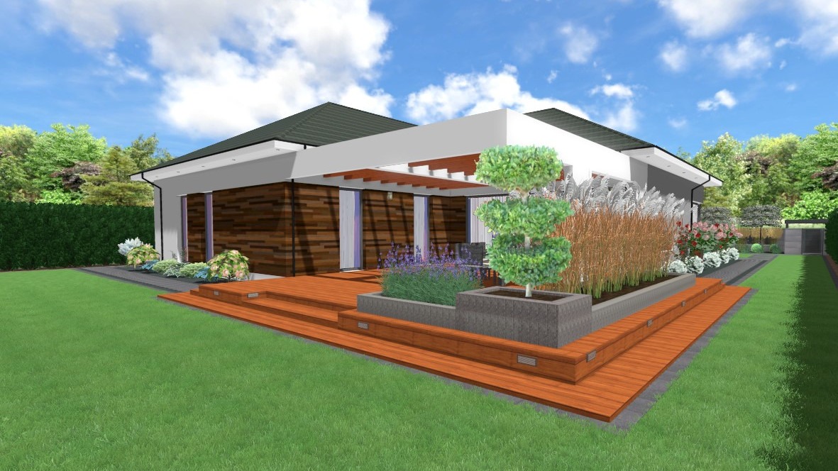 Wizualizacja ogrodu przy nowoczesnym domu z drewnianym tarasem schodkowym, ozdobnymi trawami, kulistym drzewkiem w donicy i rabatami kwiatowymi.