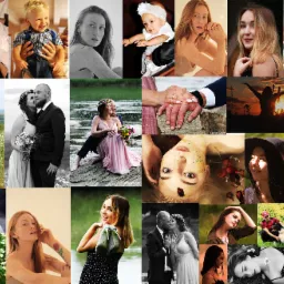 Mozaika zdjęć przedstawiająca różnorodne portrety i ujęcia, w tym noworodka podczas chrztu, pary ślubne w plenerze, portrety kobiet z kwiatami i sesje wizerunkowe.