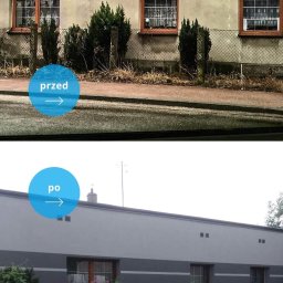 Passive Instal Sp. z o.o.- Mateusz Sztacherski - Porównanie stanu budynku przed i po ociepleniu elewacji. Górna część zdjęcia ukazuje budynek z widocznymi śladami zabrudzeń i uszkodzeń na elewacji, dolna część prezentuje budynek po renowacji...