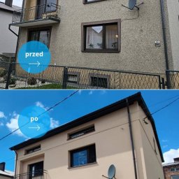 Passive Instal Sp. z o.o.- Mateusz Sztacherski - Porównanie elewacji budynku przed i po ociepleniu: górna część zdjęcia ukazuje szarą, chropowatą powierzchnię, dolna część prezentuje gładką, beżową elewację z nowymi, czarnymi ramami okiennymi.
