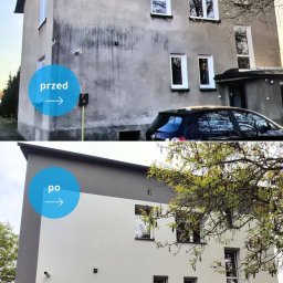 Passive Instal Sp. z o.o.- Mateusz Sztacherski - Porównanie elewacji budynku przed i po ociepleniu: szara, zabrudzona ściana z widocznymi zaciekami kontra jasna, ocieplona elewacja w odcieniach bieli i szarości, z nową instalacją elektryczną...