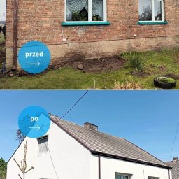 Passive Instal Sp. z o.o.- Mateusz Sztacherski - Porównanie przed i po: Dom z czerwonej cegły przed ociepleniem elewacji i instalacją paneli fotowoltaicznych, po remoncie elewacja biała, panele słoneczne zamontowane na trawniku.