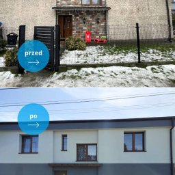 Passive Instal Sp. z o.o.- Mateusz Sztacherski - Porównanie elewacji domu przed i po ociepleniu: góra - stara elewacja z elementami cegły i resztkami śniegu, dół - odnowiona, ocieplona elewacja w odcieniach szarości i bieli.