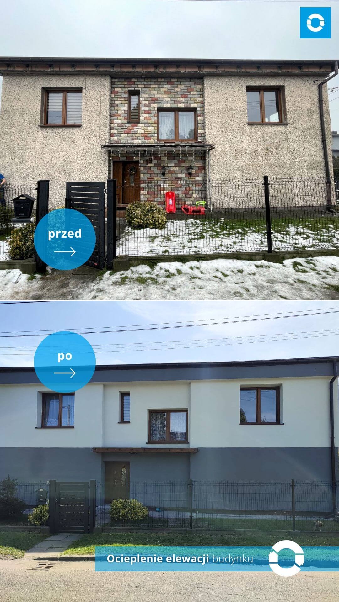 Porównanie elewacji domu przed i po ociepleniu: górna część z surowym tynkiem i dekoracyjną cegłą, dolna część z nową, jasną farbą i szarym cokołem. Widoczne zmiany w wyglądzie ogrodzenia i otoczenia.
