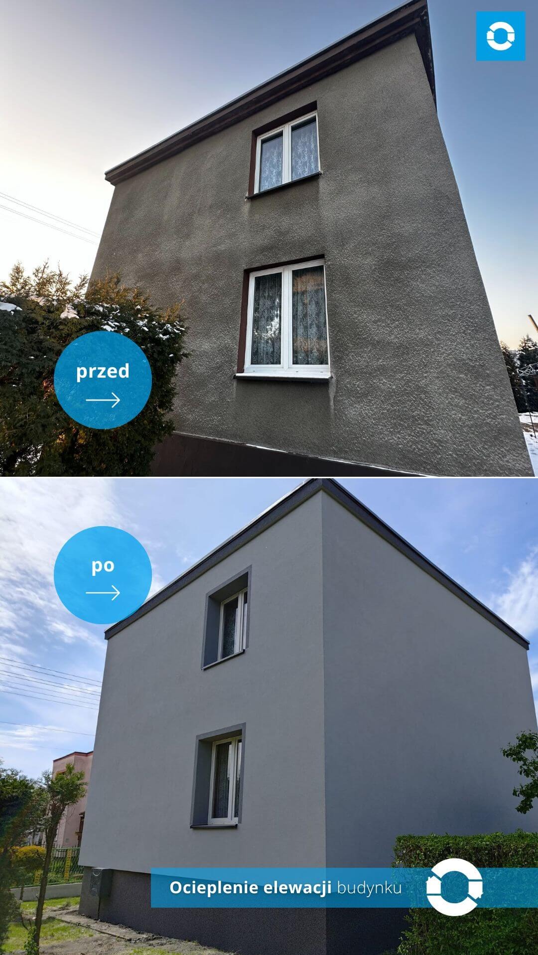 Porównanie elewacji budynku przed i po ociepleniu: od szarej, chropowatej powierzchni z brązowymi ramami okiennymi i zimozielonym krzewem z przodu, do gładkiej, jasnoszarej elewacji z szarymi...