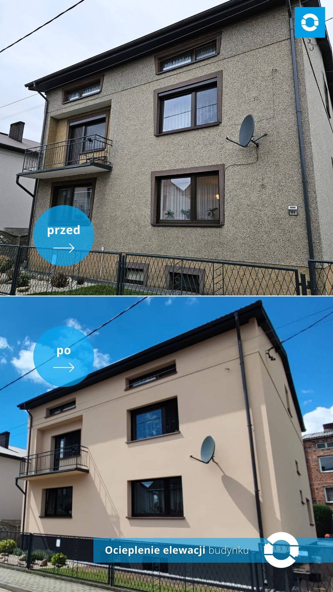 Porównanie elewacji budynku przed i po ociepleniu: górna część zdjęcia ukazuje szarą, chropowatą powierzchnię, dolna część prezentuje gładką, beżową elewację z nowymi, czarnymi ramami okiennymi.