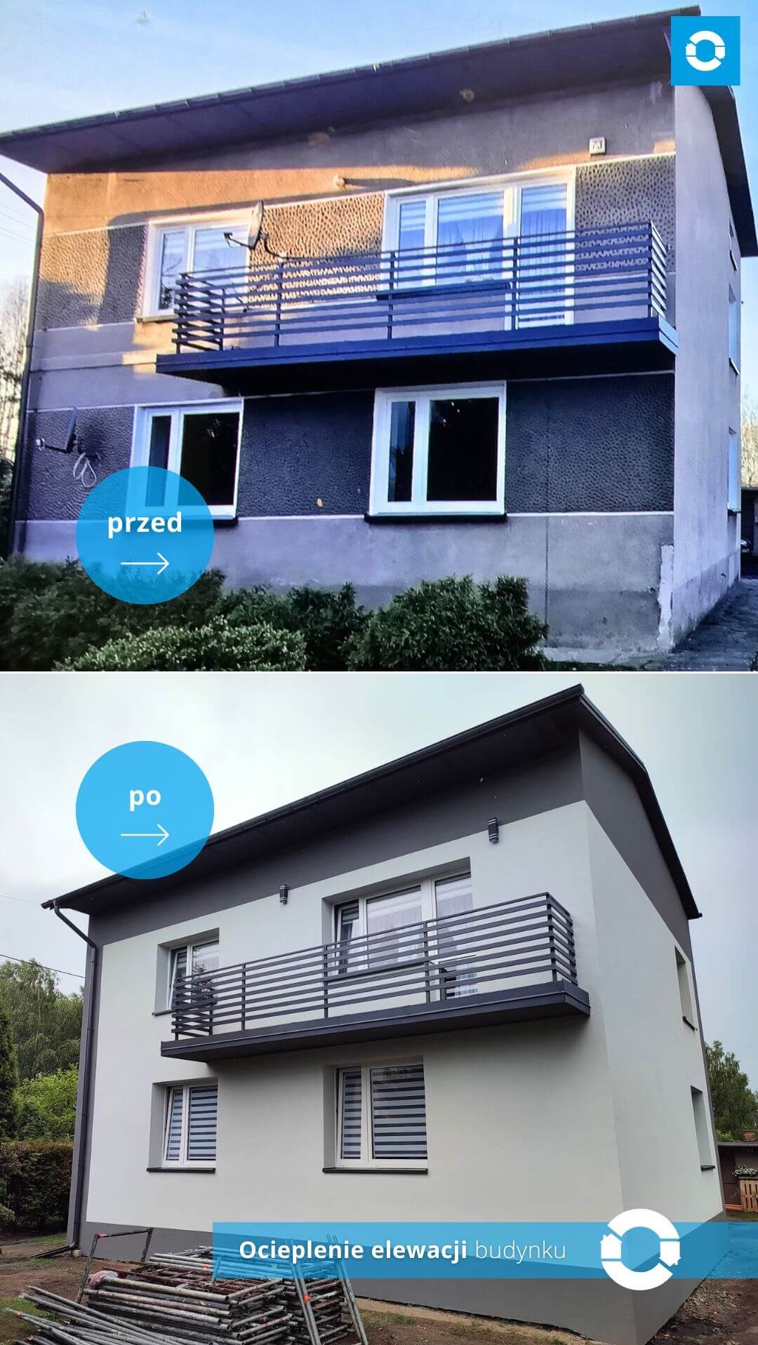 Porównanie elewacji budynku przed i po ociepleniu, widoczne rusztowania i tekst 'Ocieplenie elewacji budynku' w dolnej części zdjęcia.