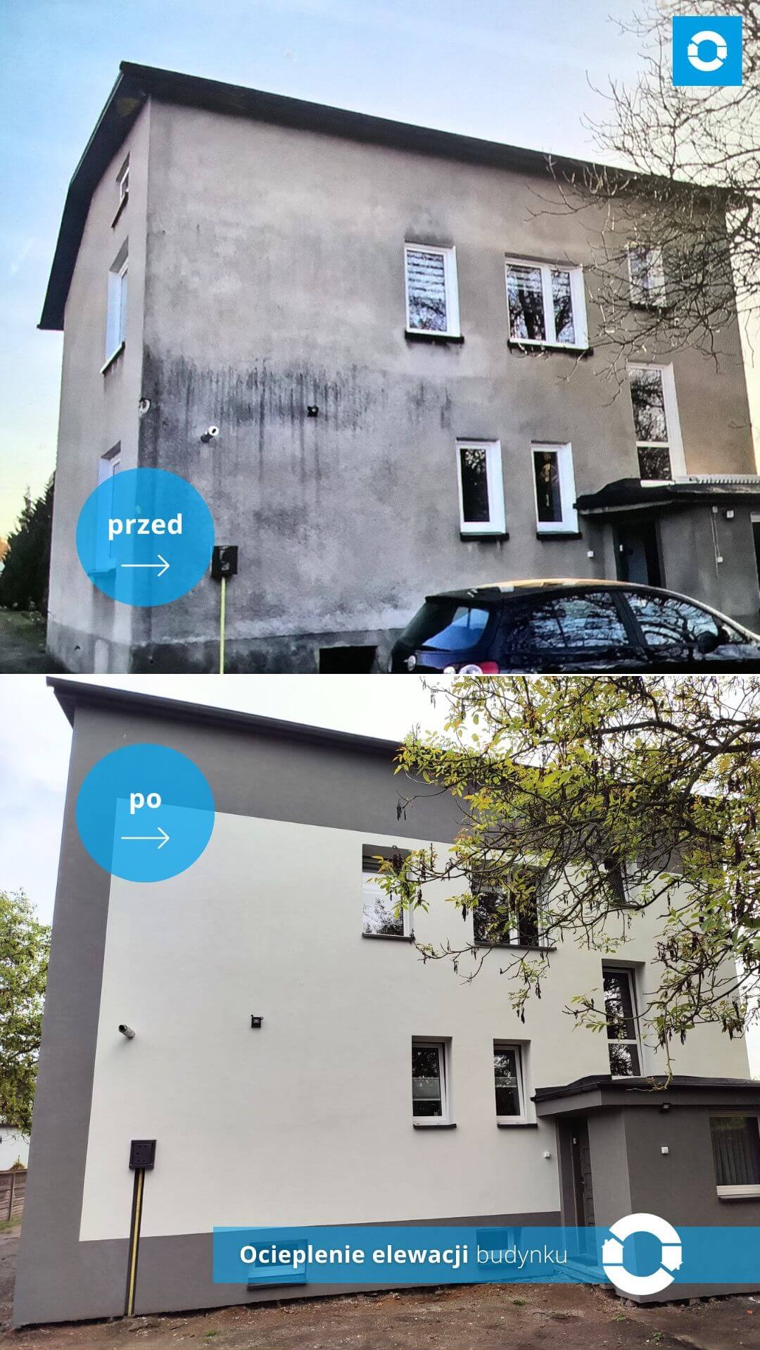 Porównanie elewacji budynku przed i po ociepleniu: szara, zabrudzona ściana z widocznymi zaciekami kontra jasna, ocieplona elewacja w odcieniach bieli i szarości, z nową instalacją elektryczną...