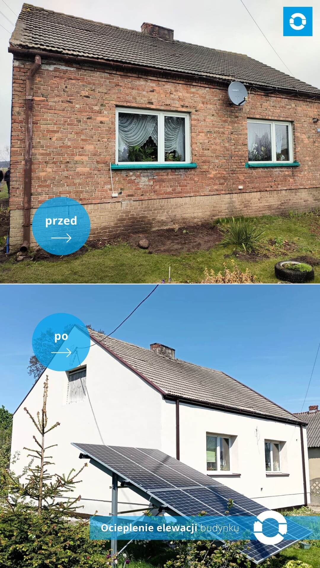 Porównanie przed i po: Dom z czerwonej cegły przed ociepleniem elewacji i instalacją paneli fotowoltaicznych, po remoncie elewacja biała, panele słoneczne zamontowane na trawniku.