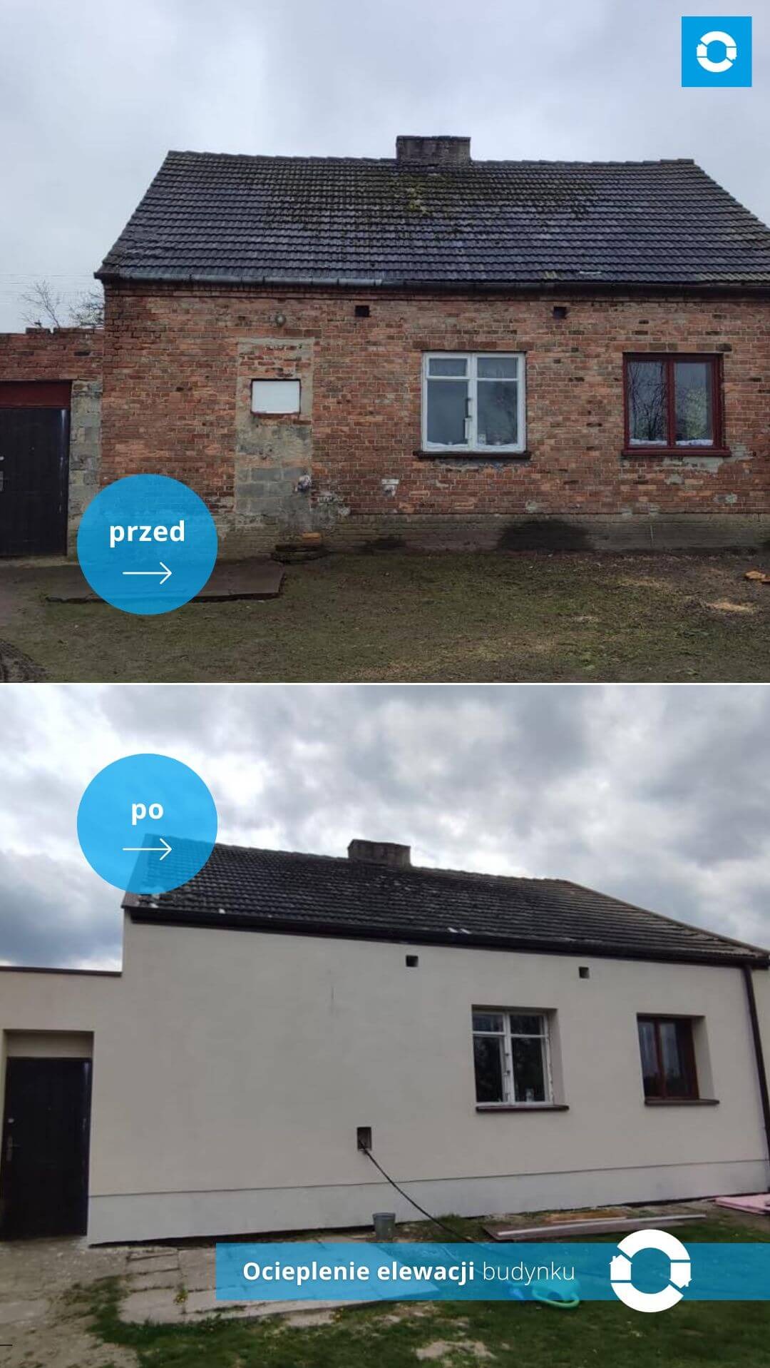 Porównanie elewacji budynku przed i po ociepleniu: mur z czerwonej cegły z widocznymi ubytkami i szarą dachówką pokrytą mchem kontra otynkowana, jasna elewacja z ciemną dachówką i nowym...