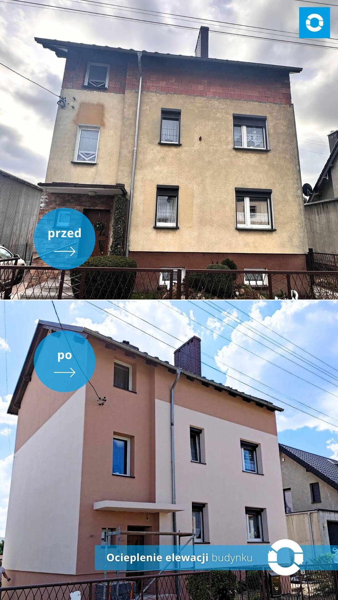 Porównanie elewacji dwupiętrowego domu przed i po ociepleniu. Górna część zdjęcia pokazuje budynek z szarą, zniszczoną elewacją, a dolna część prezentuje odnowioną, ocieploną elewację w odcieniach...