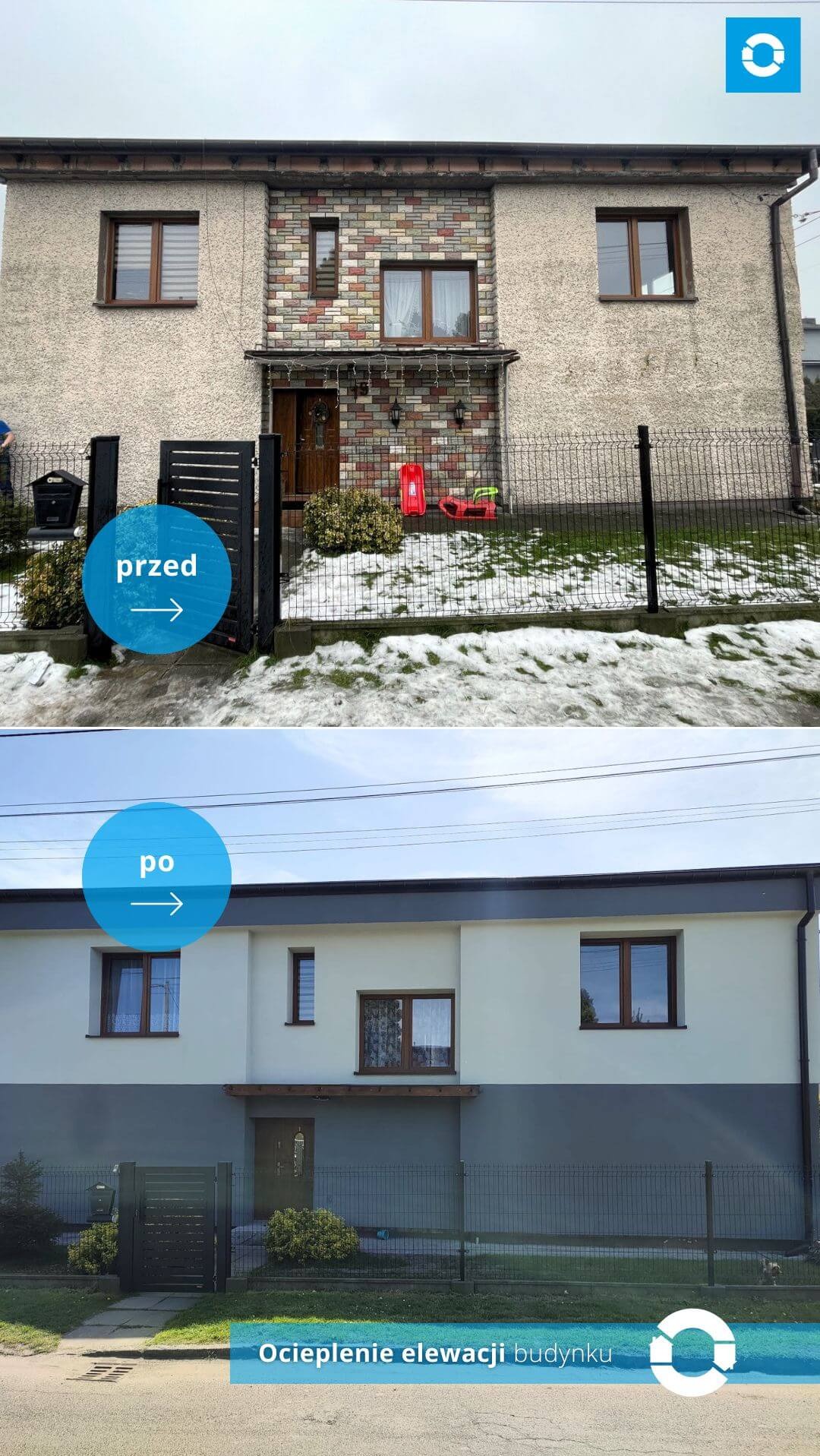 Porównanie elewacji domu przed i po ociepleniu: góra - stara elewacja z elementami cegły i resztkami śniegu, dół - odnowiona, ocieplona elewacja w odcieniach szarości i bieli.