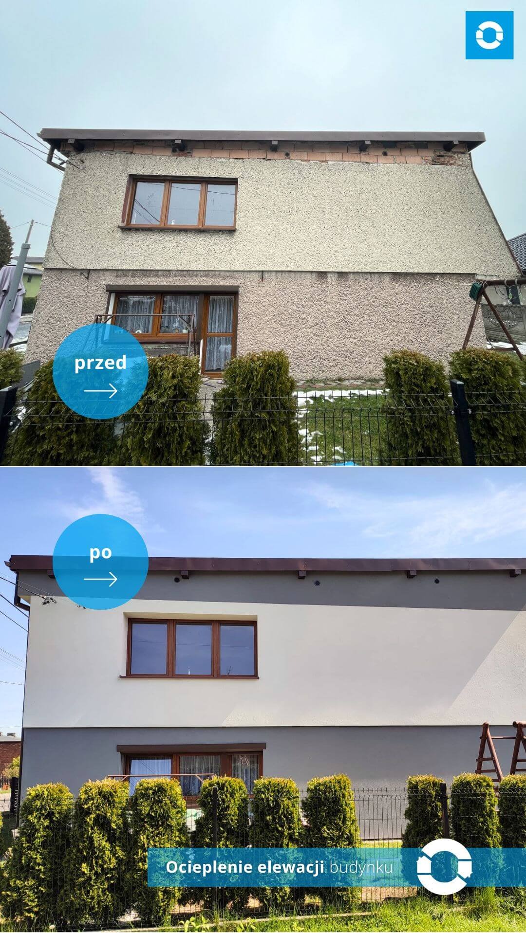 Porównanie elewacji budynku przed i po ociepleniu. Górna część zdjęcia ukazuje budynek z surową, nierówną elewacją. Dolna część przedstawia budynek po remoncie, z gładką, pomalowaną elewacją...