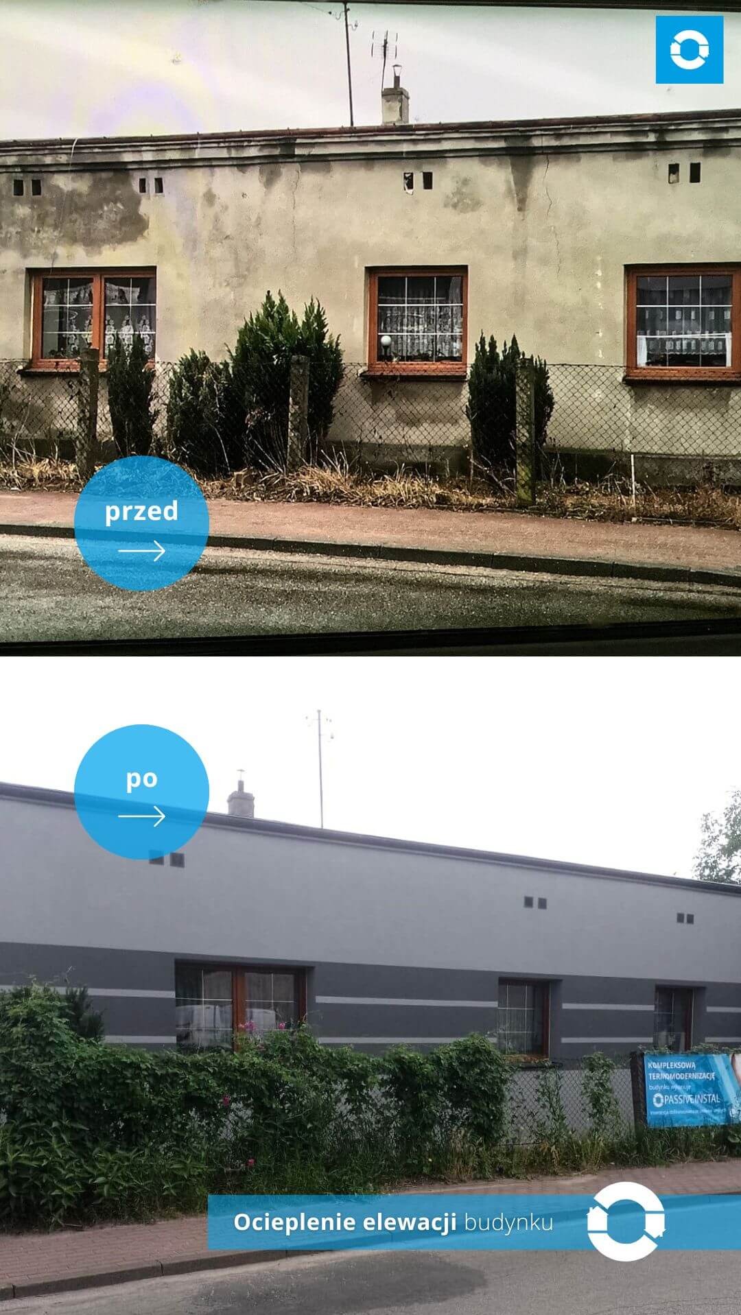 Porównanie elewacji budynku przed i po termomodernizacji; górna część pokazuje starą, szarą elewację z widocznymi uszkodzeniami i zaniedbaną zielenią, dolna część prezentuje odnowioną, szarą...