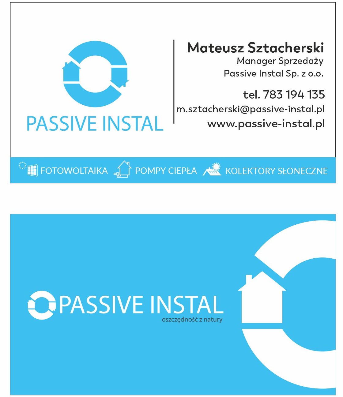 Wizytówka firmy Passive Instal w błękitnej kolorystyce, oferującej fotowoltaikę, pompy ciepła i kolektory słoneczne. Dane kontaktowe Mateusza Sztacherskiego.