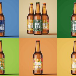 Małe Dobro Mariusz Słoński - Sześć butelek piwa z różnymi etykietami na jednolitym tle w kolorach niebieskim, beżowym, zielonym, pomarańczowym i żółtym, prezentujących różne warianty produktu.