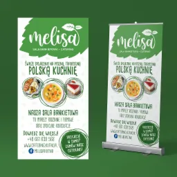 Dwa roll-upy reklamowe firmy cateringowej Melisa z Kutna, prezentujące logo, hasło 'Świeże spojrzenie na pyszną, tradycyjną polską kuchnię', zdjęcia dań i dane kontaktowe.