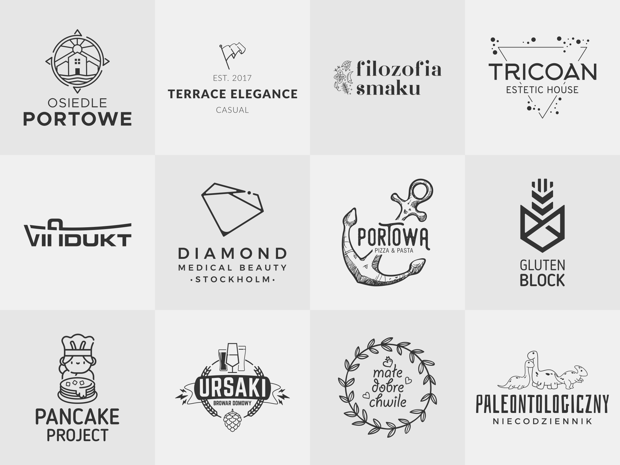 Kolekcja dwunastu minimalistycznych logo w czerni i bieli, prezentujących różnorodne motywy: dom w okręgu, flaga, abstrakcyjne kształty, kotwica, naleśnikowy kucharz, wieniec z liści i dinozaury,...