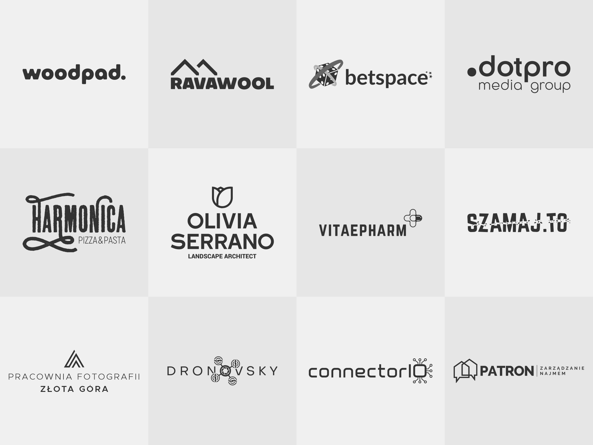 Zestaw dziewięciu minimalistycznych logo w odcieniach szarości na jasnym tle, prezentujących różnorodne style i branże, od gastronomii po nieruchomości i fotografię.