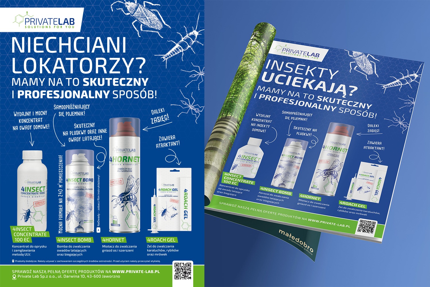 Ulotka reklamowa środków owadobójczych PrivateLab z czterema produktami: 4Insect Concentrate, 4Insect Bomb, 4Hornet, 4Roach Gel, na niebieskim tle z ilustracjami owadów.