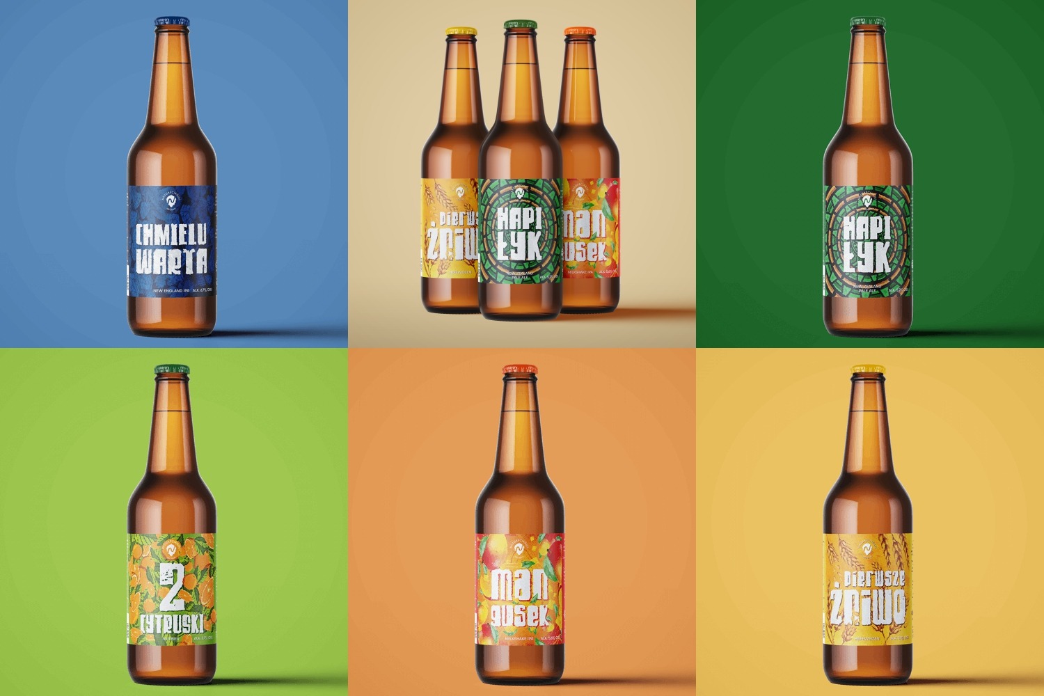 Sześć butelek piwa z różnymi etykietami na jednolitym tle w kolorach niebieskim, beżowym, zielonym, pomarańczowym i żółtym, prezentujących różne warianty produktu.