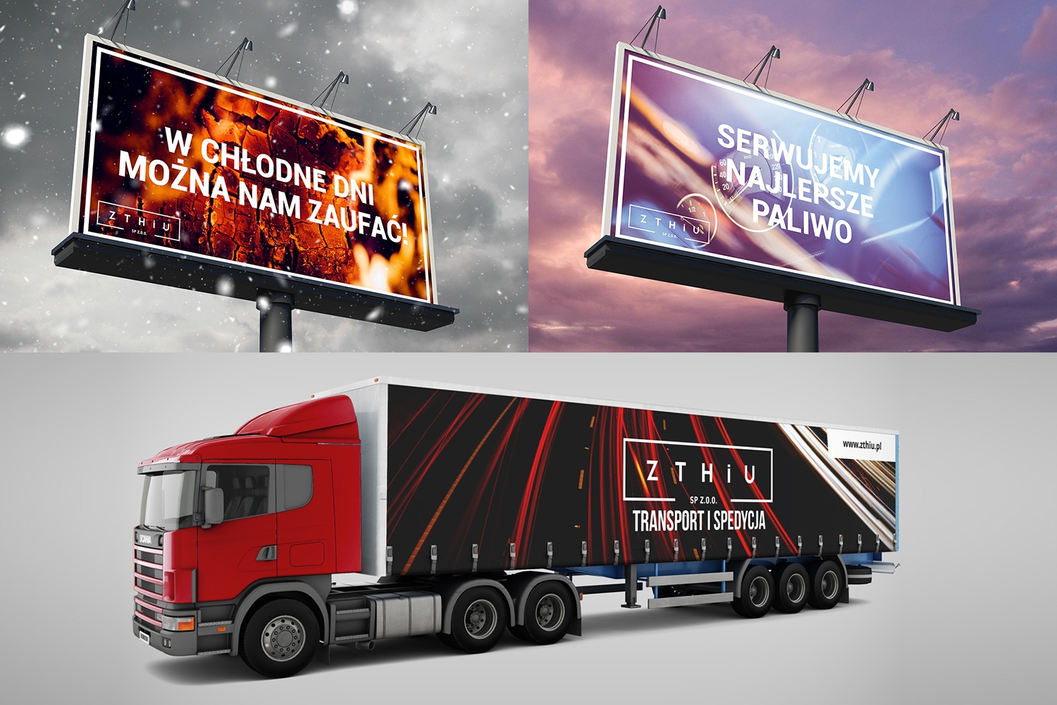 Wizualizacja billboardów z reklamą firmy transportowej z Wielunia, prezentująca slogany 'W chłodne dni można nam zaufać!' oraz 'Serwujemy najlepsze paliwo' wraz z wizerunkiem ciężarówki...