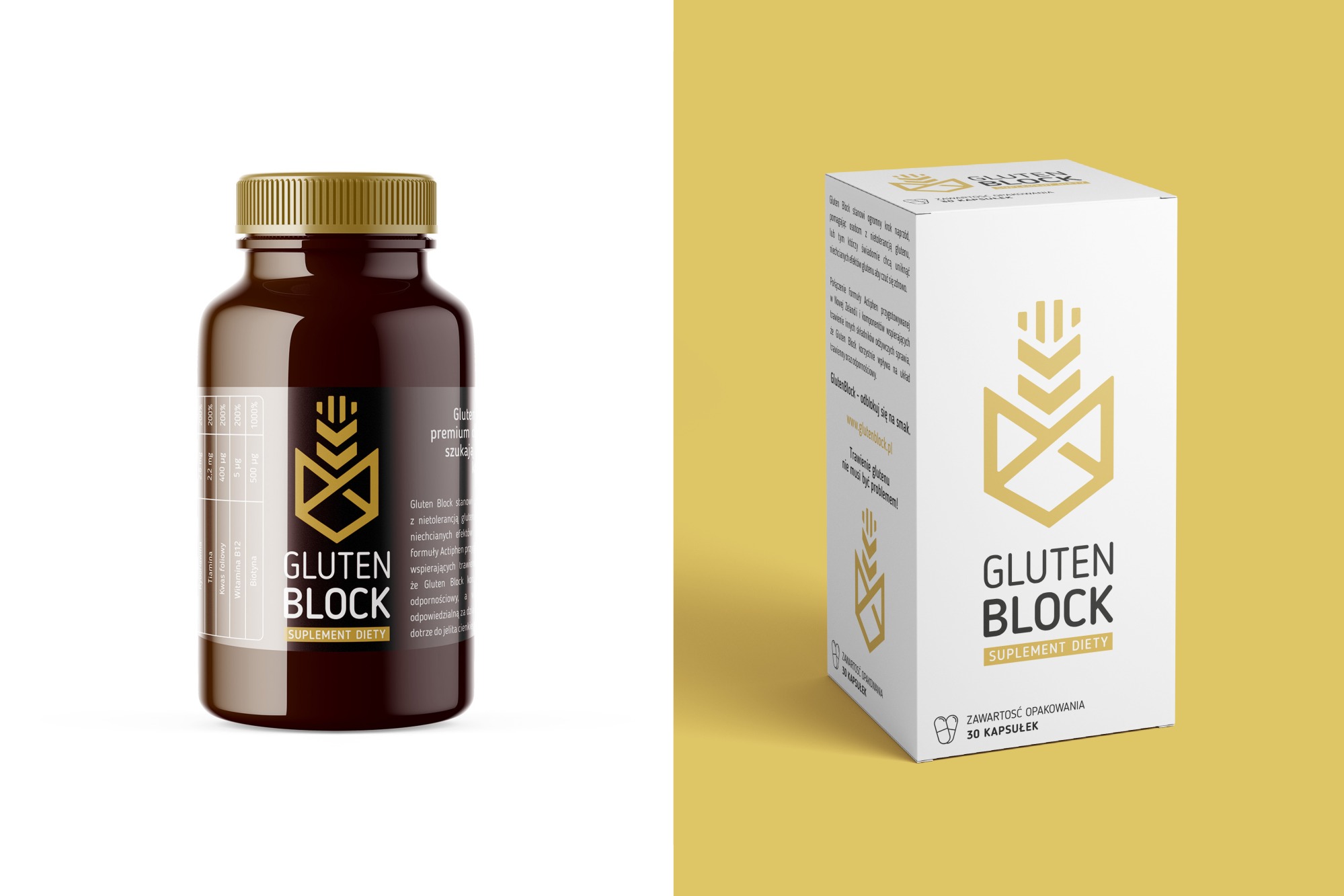 Brązowa butelka i białe pudełko suplementu diety Gluten Block z logotypem złotego kłosa w heksagonie, na jednolitym żółtym tle.