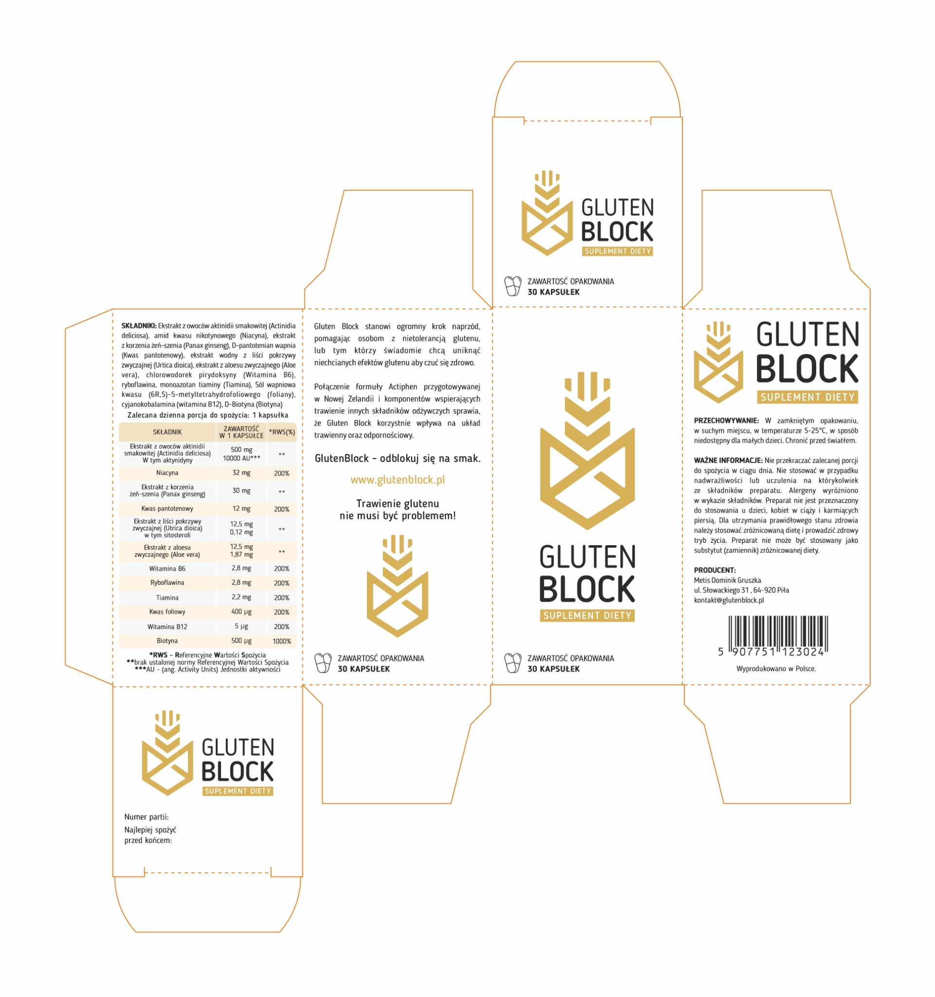 Rozłożony szablon opakowania suplementu diety Gluten Block, prezentujący skład, wartości odżywcze, logo z motywem kłosa, informacje o przechowywaniu i producencie.