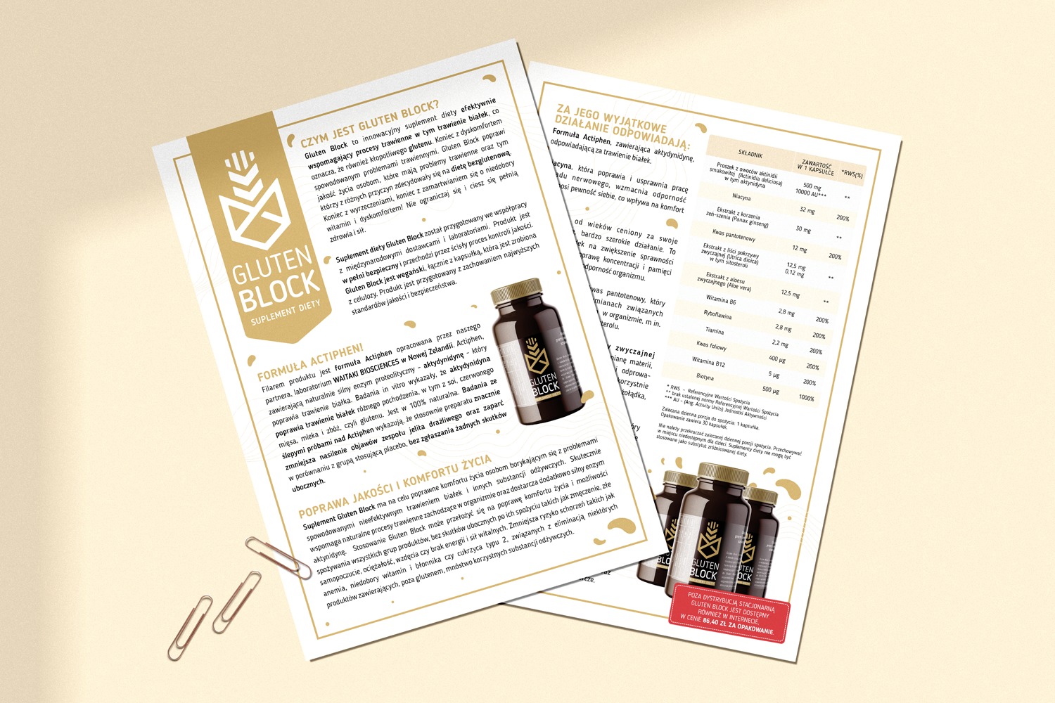 Ulotki reklamowe suplementu diety Gluten Block z informacjami o składzie i działaniu, kapsułki suplementu w ciemnym opakowaniu i metalowe spinacze biurowe na białym tle.