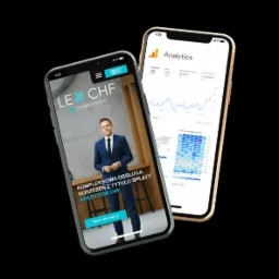 Dwa smartfony na czarnym tle. Na pierwszym, w kolorze grafitowym, wyświetla się strona internetowa kancelarii prawnej LexCHF z Wysokiej, oferującej kompleksową obsługę roszczeń z tytułu spłaty...