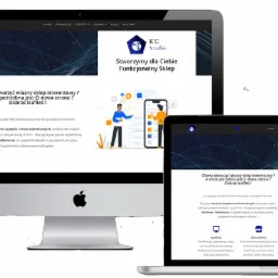 Prezentacja responsywnej strony internetowej K'C Studio na monitorze, laptopie, tablecie i smartfonie, z ilustracją projektantów i tekstem 'Stworzymy dla Ciebie Funkcjonalny Sklep'.